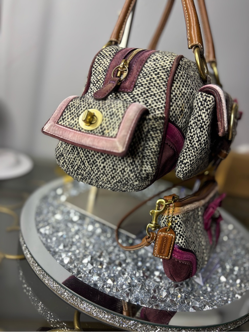 Coach 2005 vintage Soho Tweed Y2K Swarovski Bow satchel w/matching wristlet GUC - Picture 7 of 17
